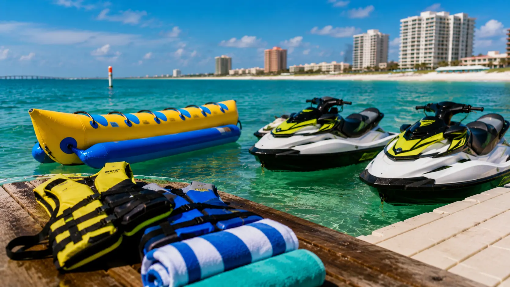 Banana boat, jet skis, life jackets and towels ready for water activities in Orange Beach.