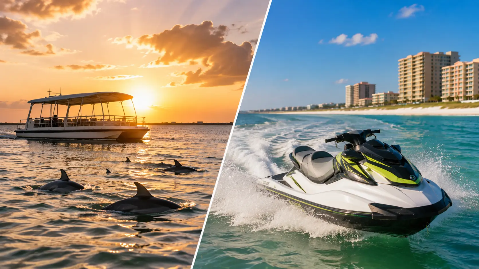 Dolphin cruise with dolphins at sunset beside a jet ski riding along the Orange Beach coastline.