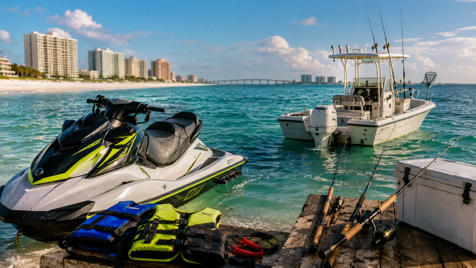 Jet ski with safety gear beside a fishing boat and rods on the water in Orange Beach.