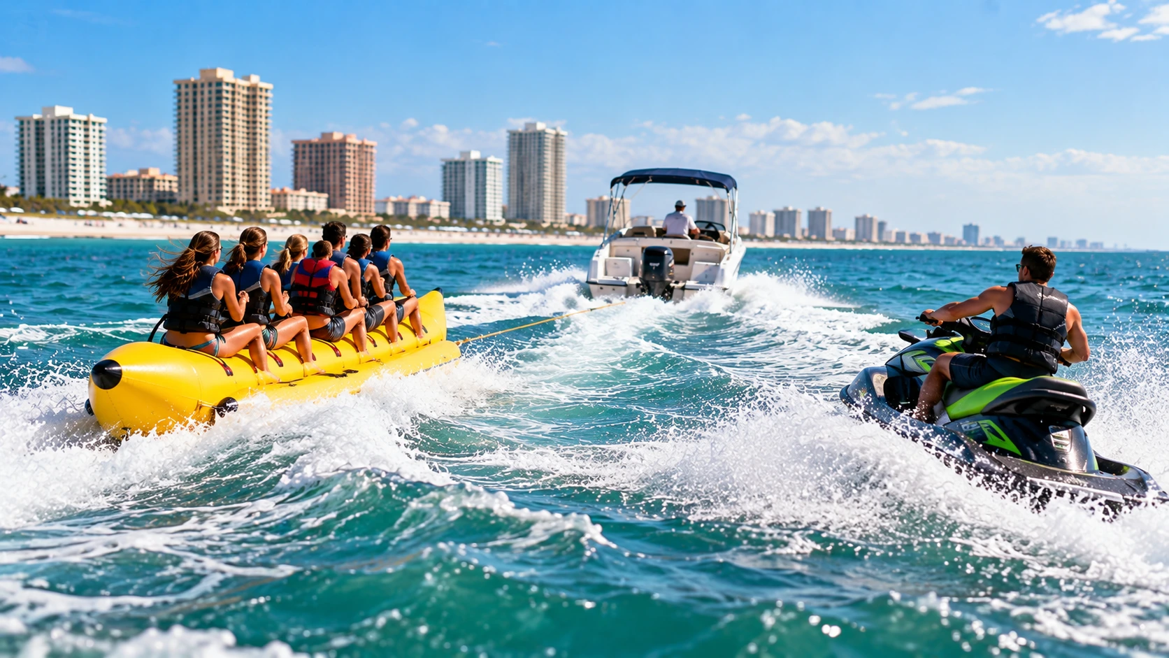 Banana boat riders and jet skier enjoying watersports off the Orange Beach coastline.