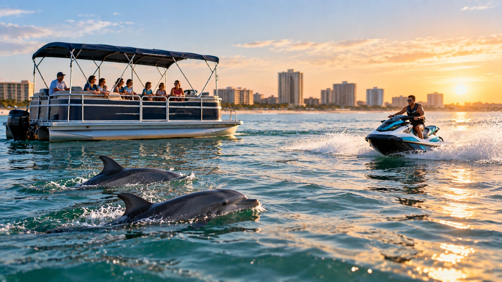Dolphins swimming near a sightseeing boat and jet ski off the Orange Beach coast at sunset.