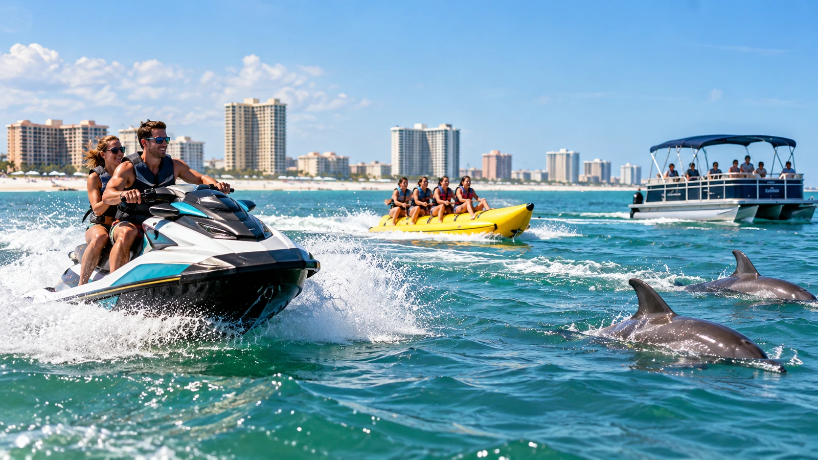 Jet ski, banana boat, and dolphin cruise activities on the water near Gulf Shores and Orange Beach.